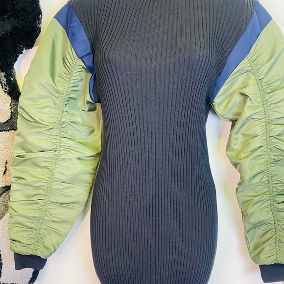 Zara Ribbed Black Midi Dress with Ruched Olive Green and Blue Bomber Sleeves - Picture 4 of 12